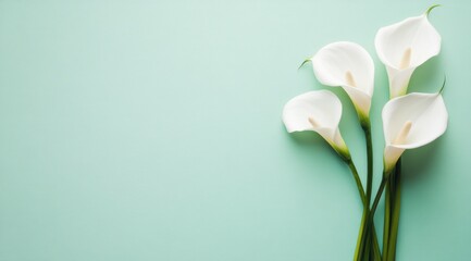 Obraz premium pure white Calla flowers, minimalism composition, flatlay, light green background 