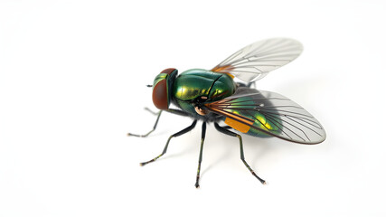 A shiny green fly sits on a white background.