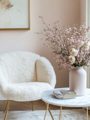 Fluffy White Chair with Pink Flowers and Modern Table