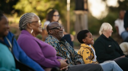 Obraz premium Multigenerational audience enjoying outdoor event, family bonding and joyful expressions in community setting during a sunny day
