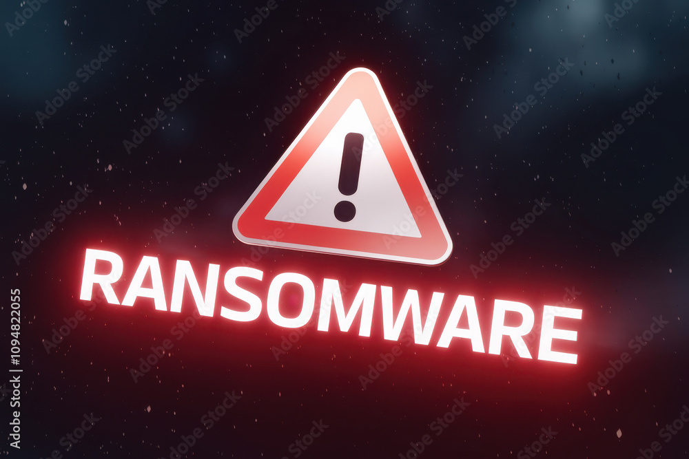 Poster the image depicts a warning about ransomware, featuring a caution symbol and the word 