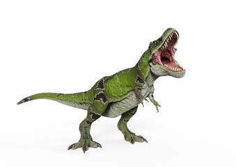 tyrannosaurus mcraeensis is angry and hungry in white background