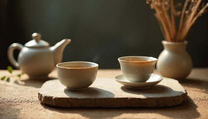 Rustic Tea Ceremony Setting with Teacups on Stone Tray