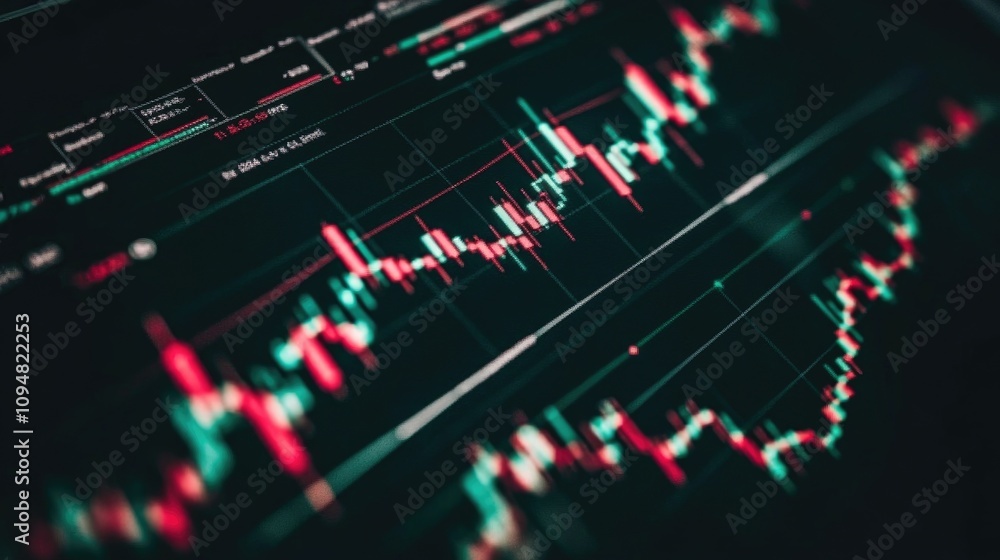 Poster a close-up view of an interactive stock trading chart on a tablet, showing candlestick patterns and 