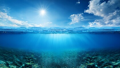 Fototapeta premium Blue sea or ocean water surface and underwater with sunny and cloudy sky