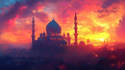 Fototapeta premium Majestic mosque at sunset over city.