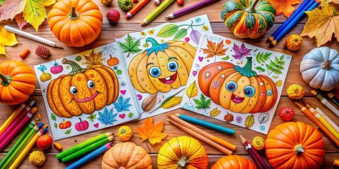 Fototapeta premium Aerial View of Colorful Pumpkin Coloring Pages with Whimsical Designs and Vibrant Hues, Perfect for Autumn-Themed Art Projects and Creative Activities for Kids