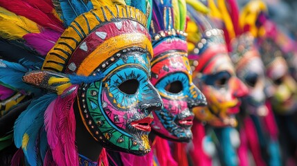 Fototapeta premium Colorful masks feature intricate designs at the lively Diablada de Píllaro festival