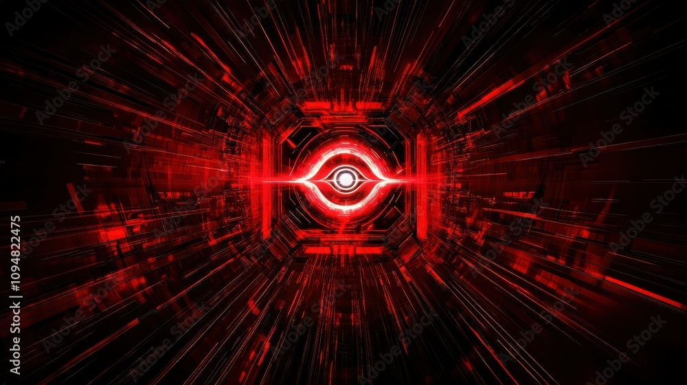 Poster an intense red and black abstract background with a central light source that looks like an eye, evo