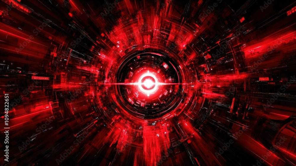 Poster an intense red and black abstract background with a central light source that looks like an eye, evo