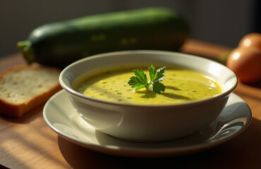 Hot zucchini soup puree in tureen with slices of bread on the kitchen table.