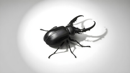 A large shiny black stag beetle sits on a white background.