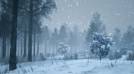 Delicate winter scene with soft snowflakes falling over a snowy forest, creating a tranquil winter wonderland