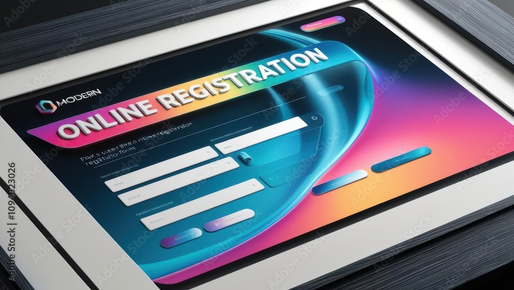 Poster a vibrant online registration form displayed on a tablet, featuring fields for user input and a mode