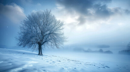 Obraz premium Dense fog settling over a snow-covered field, creating a mysterious, quiet winter landscape