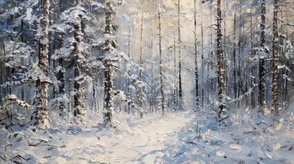 Dense forest of snowy trees, with soft light filtering through, creating a calm and quiet winter scene