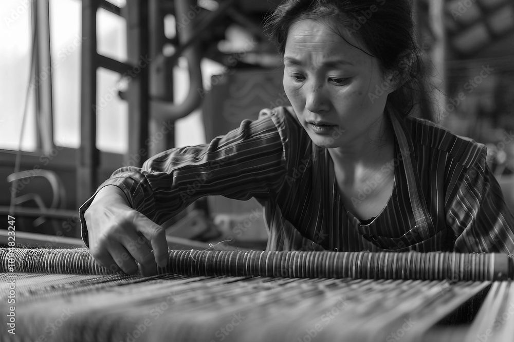 Poster weaver working using a traditional wooden loom generative ai image