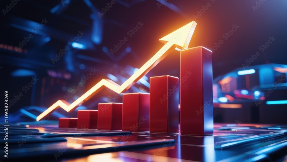 Poster a vibrant graph with rising bars and an arrow, symbolizing growth and progress in a digital or finan