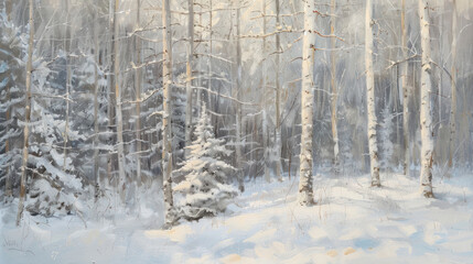 Fototapeta premium Dense forest of snowy trees, with soft light filtering through, creating a calm and quiet winter scene