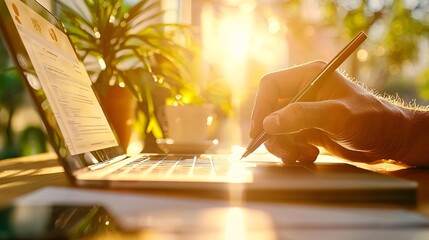 Hand Filling Out Online Application with Laptop