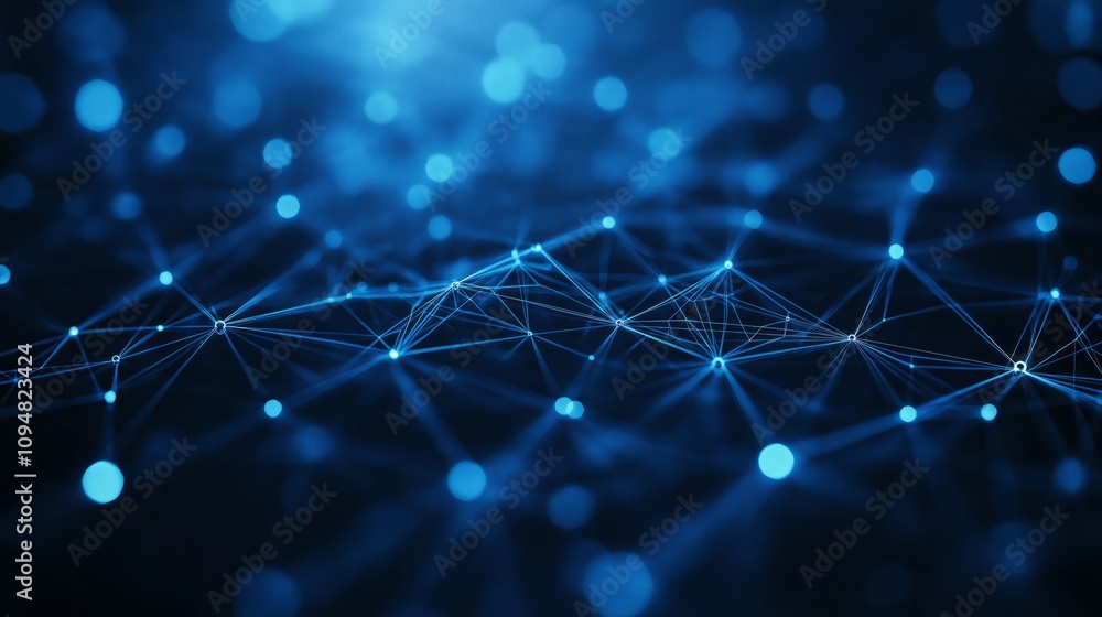 Poster abstract digital network with glowing blue nodes and connections, futuristic technology and data vis