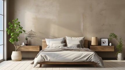 A soft beige stucco wall accents the minimalist Scandinavian bedroom. Natural textures and calm hues set a relaxing tone.