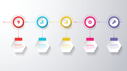 Modern business infographic template design with icons and 5 process steps or options. Can be used for slides, diagram, presentation or web design. Vector illustration