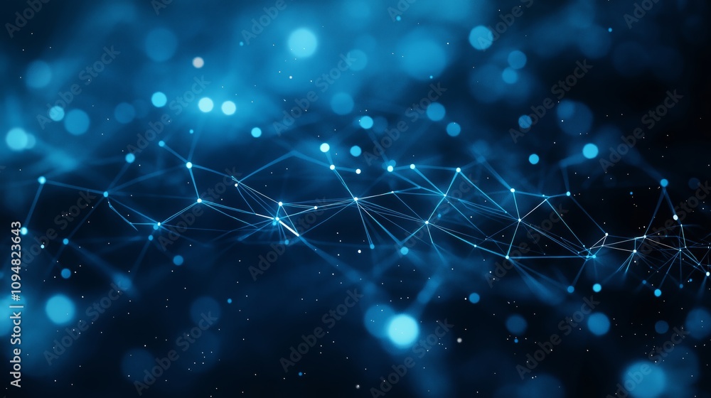 Poster abstract digital network with glowing blue nodes and connections, futuristic technology and data vis