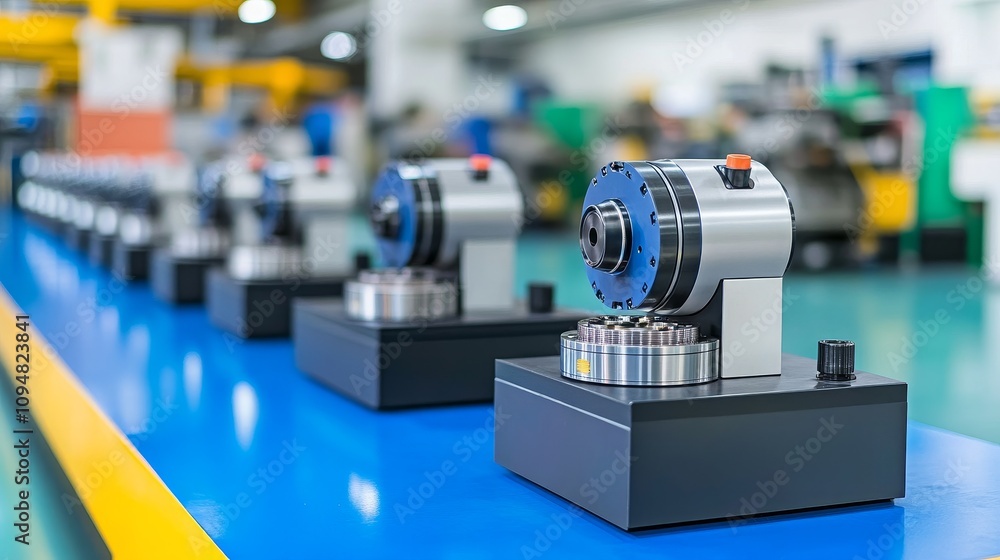 Poster assembly line of industrial machinery in a factory setting