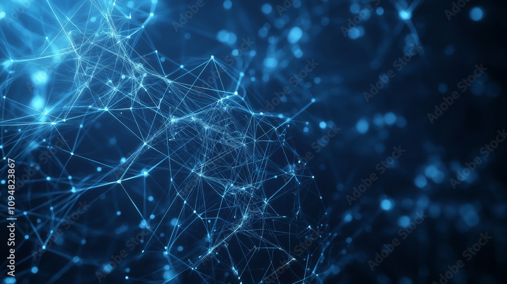 Poster abstract digital network with glowing blue nodes and connections, futuristic technology and data vis