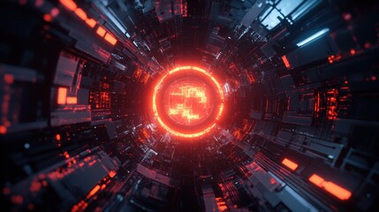 Fototapeta premium Futuristic Red Glowing Tunnel Digital Abstract Art