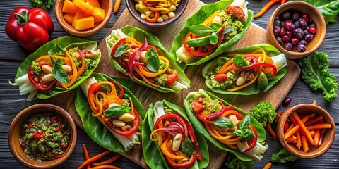 Fototapeta premium Aerial View of Fresh Lettuce Wraps with Colorful Ingredients Perfectly Arranged for a Deliciously Healthy Meal, Showcasing Vibrant Textures and Colors from Above