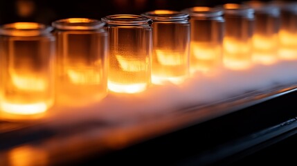 A Row of Illuminated Glass Tubes Glowing with Warm Light