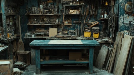 A Cluttered Workshop with a Wooden Workbench in the Center