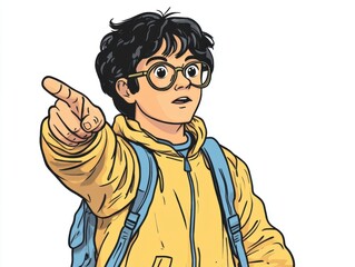 Obraz premium Child in yellow jacket pointing, white isolate background