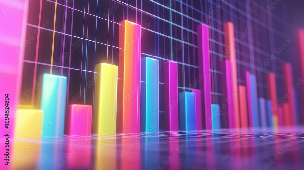 Poster a conceptual 3d bar graph representing market analysis, with tall, slender bars in vibrant colors an