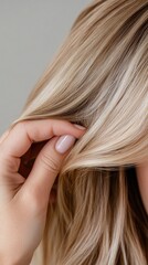 Hand delicately touches long, glossy brown hair, showcasing its natural texture against a beige background. A beauty product is subtly visible