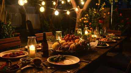 Fototapeta premium Thanksgiving dinner with an eco-friendly focus, using solar-powered lights, compostable plates, and homegrown veggies, simple yet thoughtful gathering