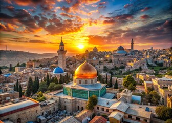 Fototapeta premium Aerial View of Jerusalem Skyline Showcasing Historic Landmarks and Modern Architecture Against a Stunning Sunset Sky