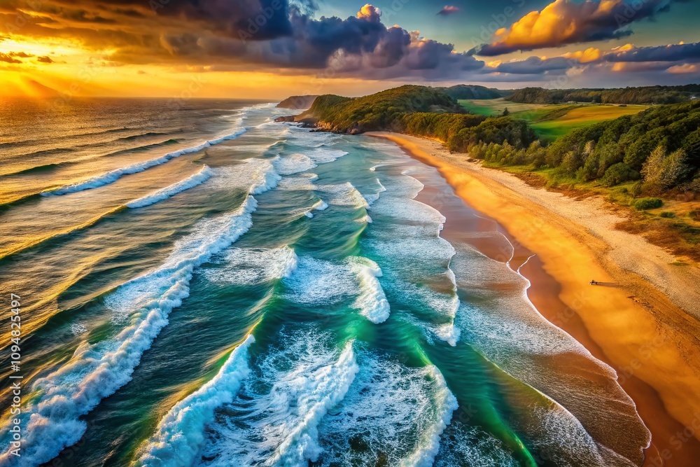 Poster aerial view of long exposure waves crashing on a sandy beach with gentle foamy patterns and soft lig