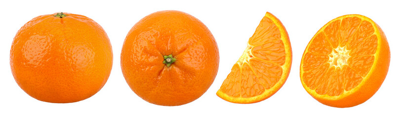 Orange fruit, half and slices isolated, Orange fruit macro studio photo, transparent PNG, collection, PNG format, cut out.