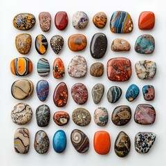 Handmade Craft Concept, Colorful gemstones organized on white background