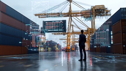 Aerial view of a futuristic industrial port scene featuring shipping containers cargo cranes and a cityscape skyline