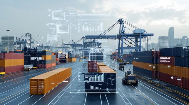 Futuristic industrial port scene with shipping containers cargo cranes and a digital communication network overlay featuring floating 3D business data charts in a purple blue tone