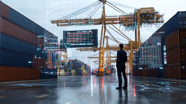 Aerial view of a futuristic industrial port scene featuring shipping containers cargo cranes and a cityscape skyline