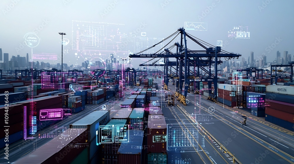 Aufkleber futuristic wide angle view of a modern seaport with shipping containers and cranes in the foreground