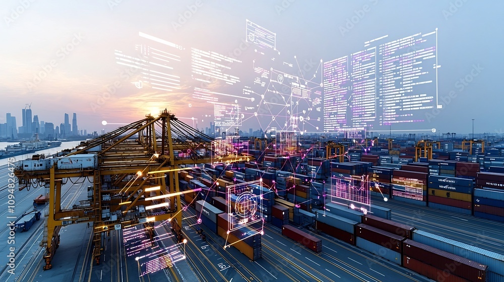 Fototapete Wide angle view of a futuristic global port with shipping containers and cranes in the foreground surrounded by a global communication network with 3D data graphs and interactive digital tools in a