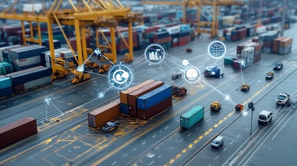 Aerial view of a busy port with cranes and containers connected by global business nodes and futuristic digital tools