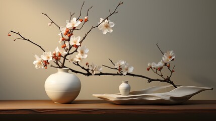 A minimalist shelf with a flower branch in this 3D render, bringing a refreshing, natural element to the space.