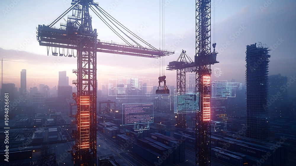 Fototapete Futuristic container port with towering cranes 3D data visualizations and a communication network of nodes floating in the foreground against a purple and blue toned background